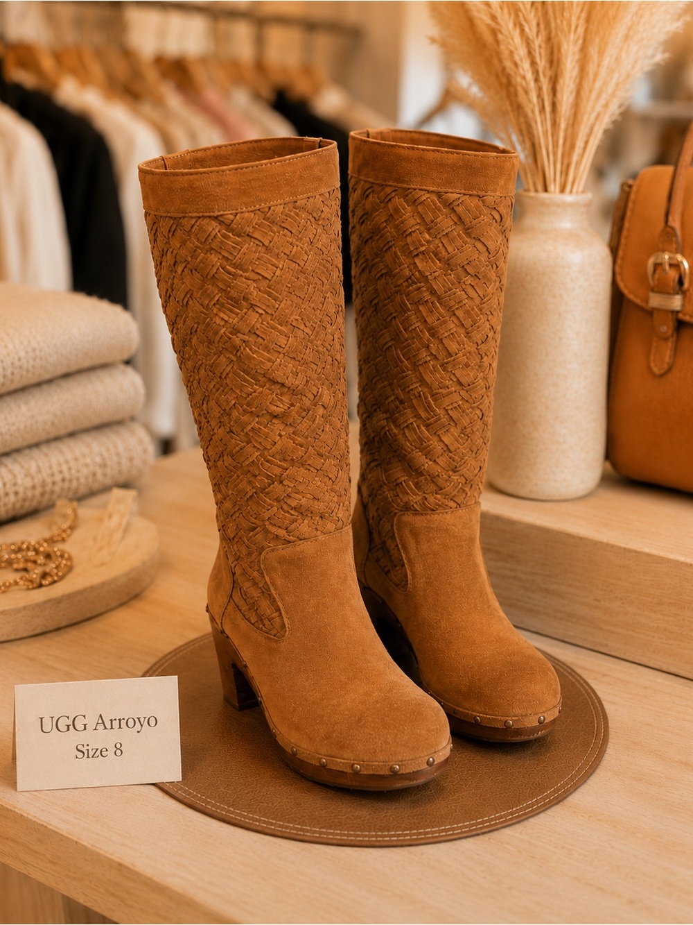 UGG Braided Suede Mid-Calf Boots in Tan Size 8